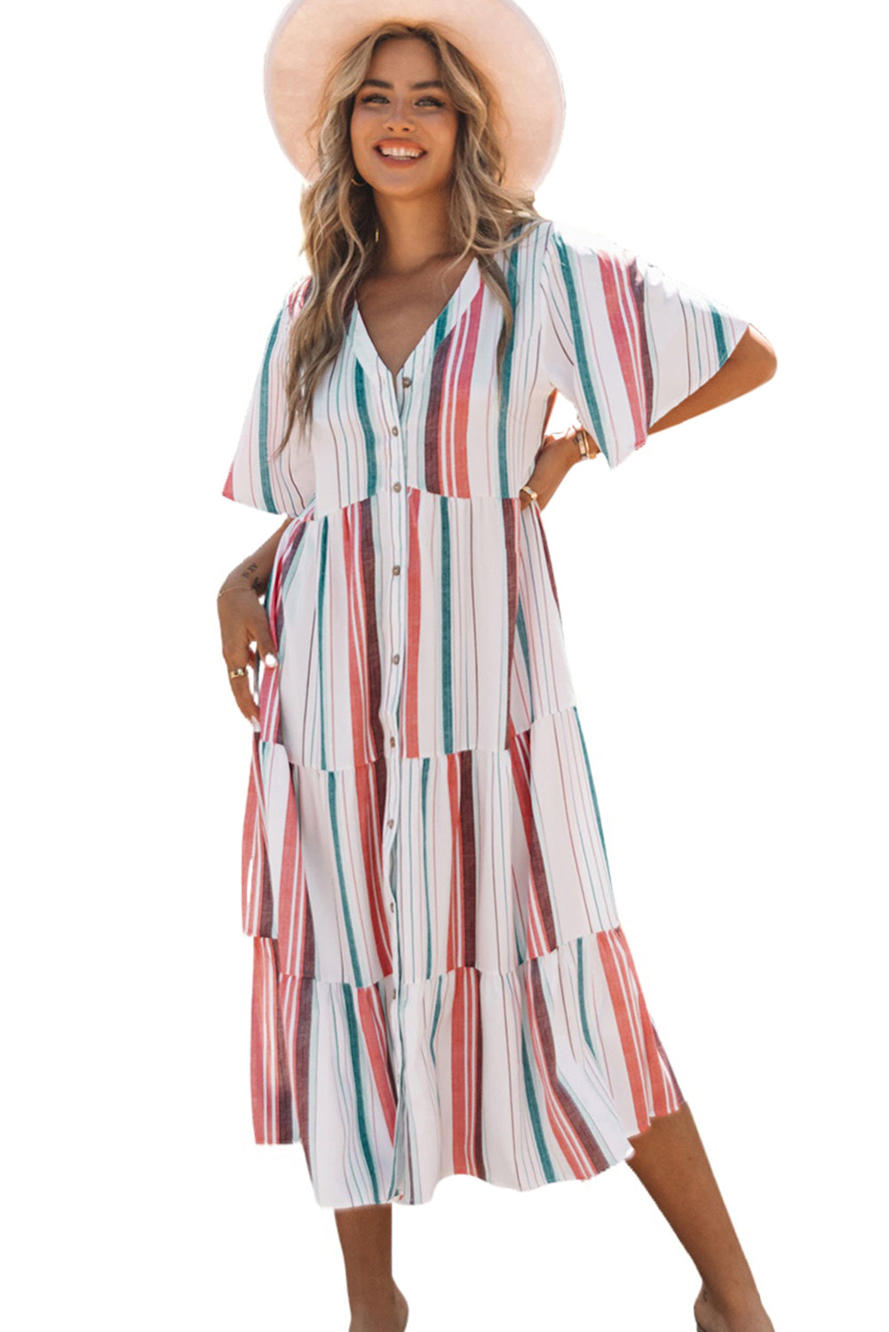 Serape Striped V Neck Buttoned Shirt Dress