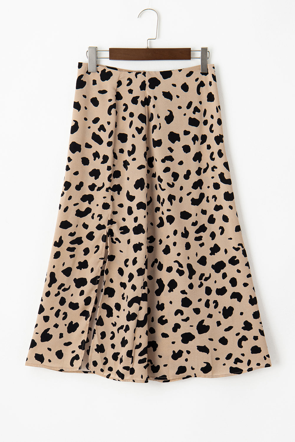 Beige Leopard Spots Printed Split Hem Midi Skirt