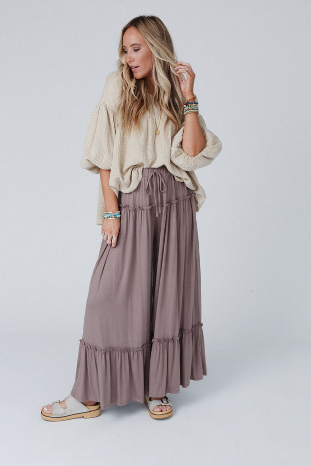 Black Frilled Drawstring High Waist Wide Leg Pants