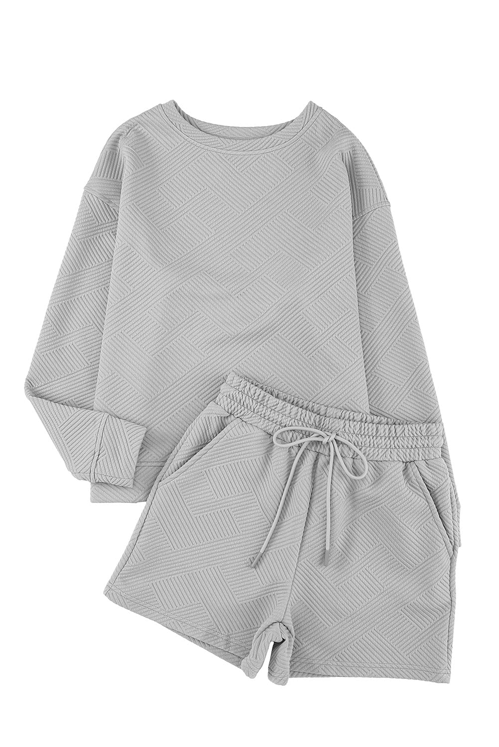 Apricot Textured Long Sleeve Top and Drawstring Shorts Set