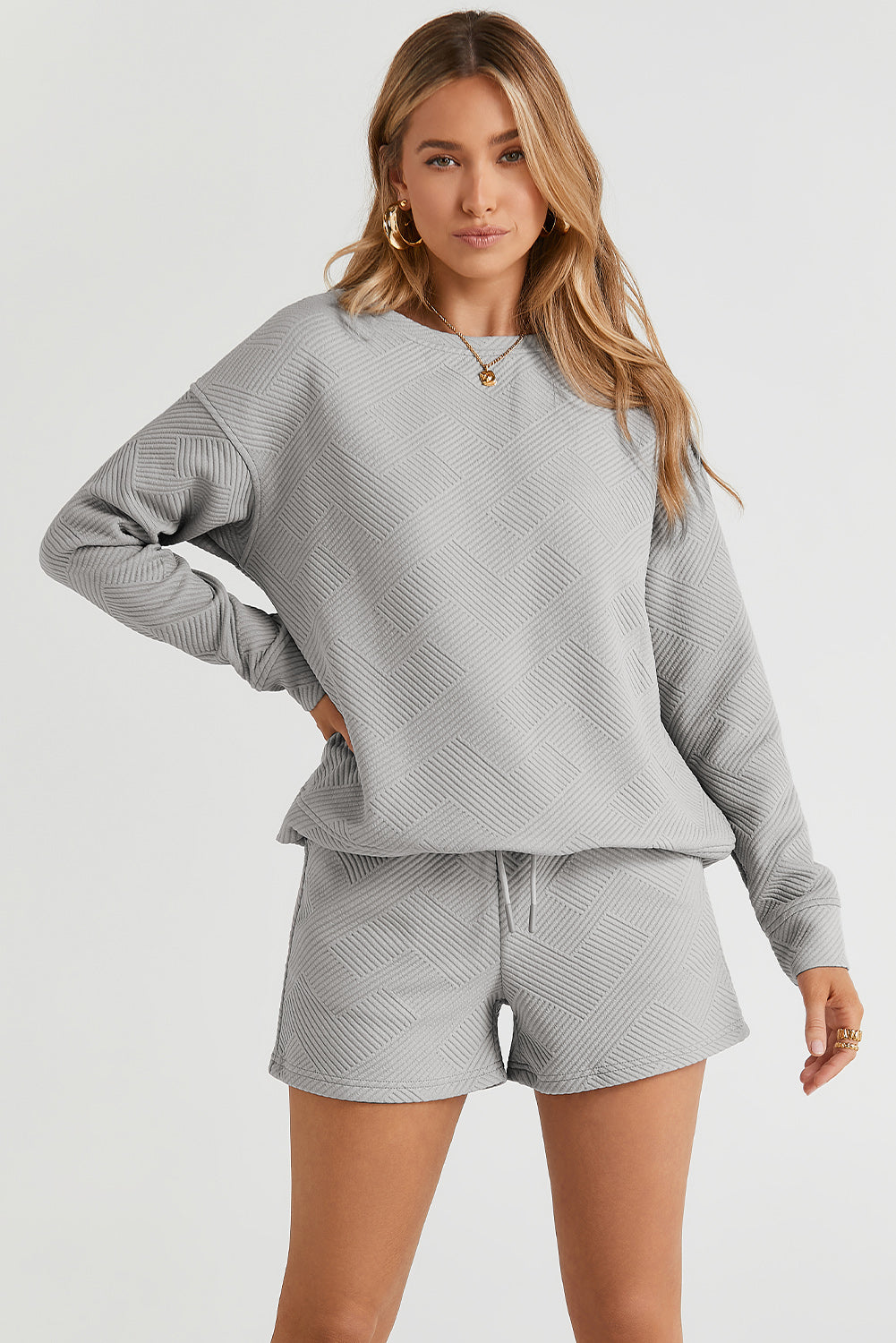 Apricot Textured Long Sleeve Top and Drawstring Shorts Set