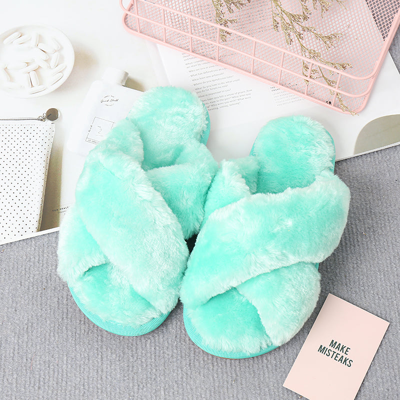 Faux Fur Crisscross Strap Slippers