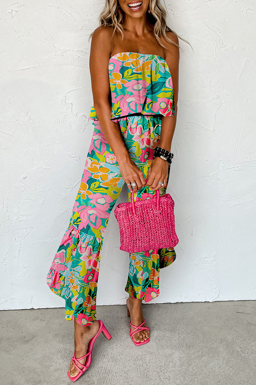 Blue Mix Tropical Print Strapless Ruffled Jumpsuit