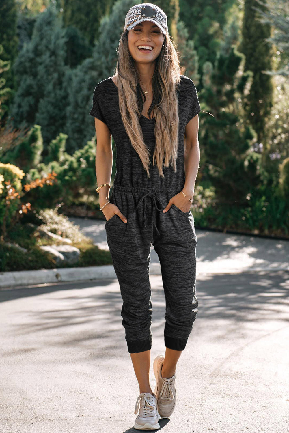 Black Heather Short Sleeve Drawstring High Waist Jumpsuit