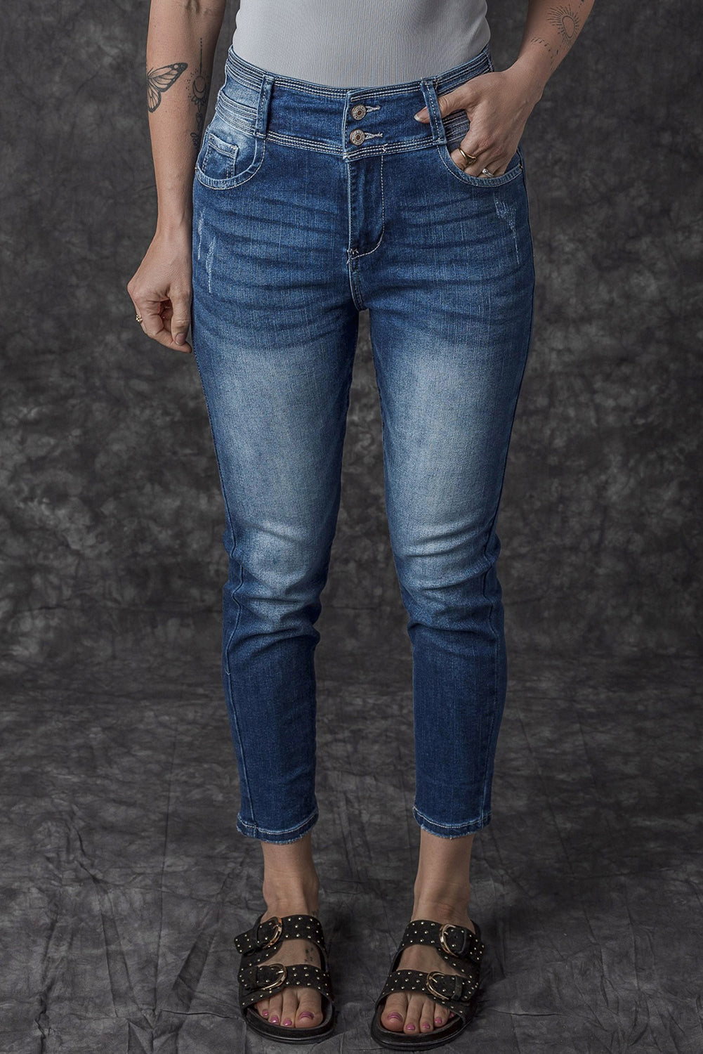 Blue Vintage Washed Two-button High Waist Skinny Jeans