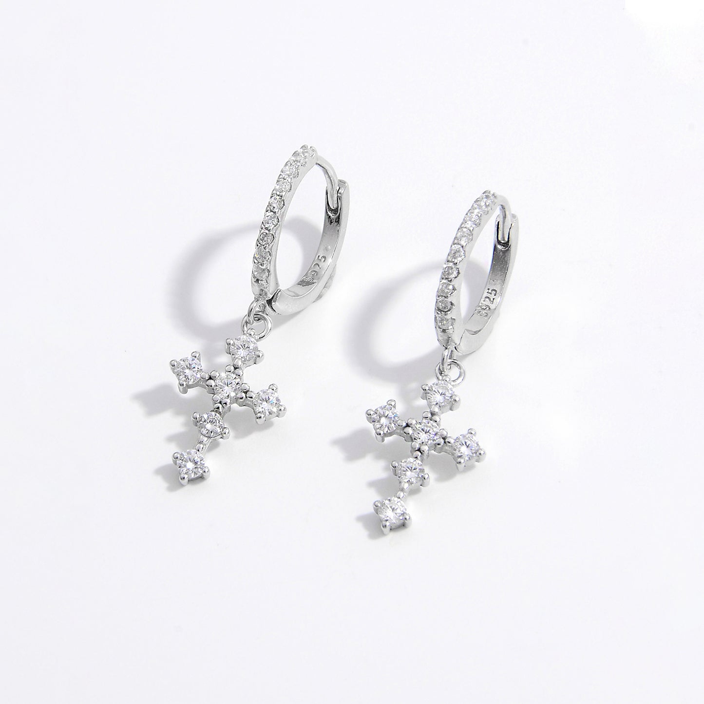 925 Sterling Silver Zircon Cross Dangle Earrings