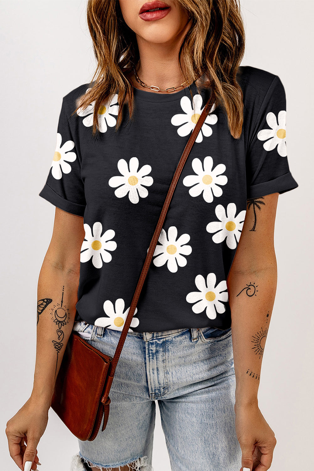 Sky Blue Daisy Printed Crewneck T Shirt