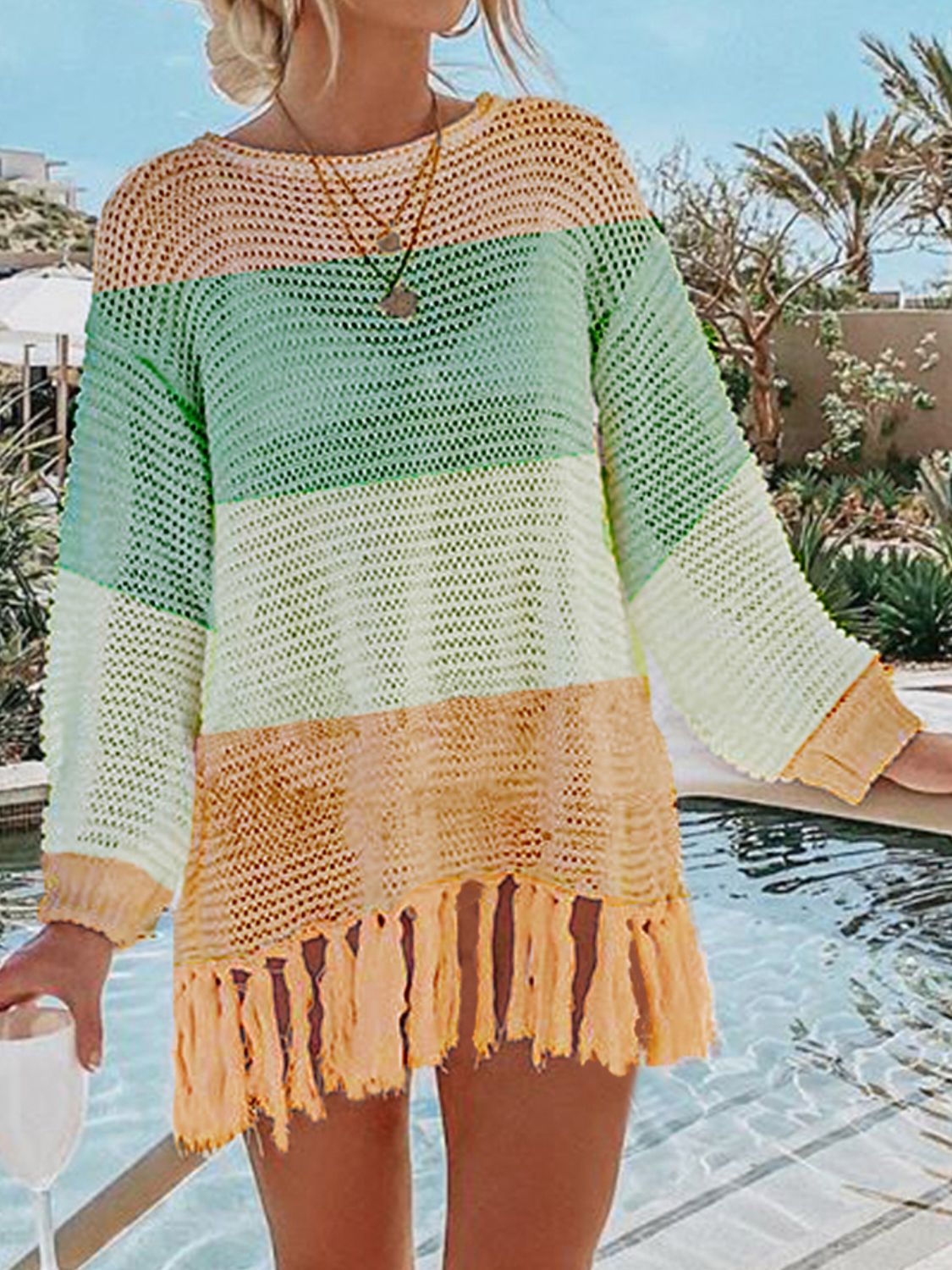 Openwork Tassel Hem Long Sleeve Knit Cover Up