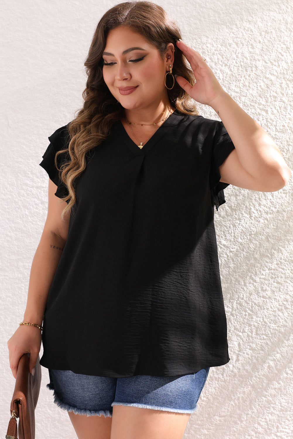 Black Ruffled Short Sleeve V Neck Plus Size Blouse