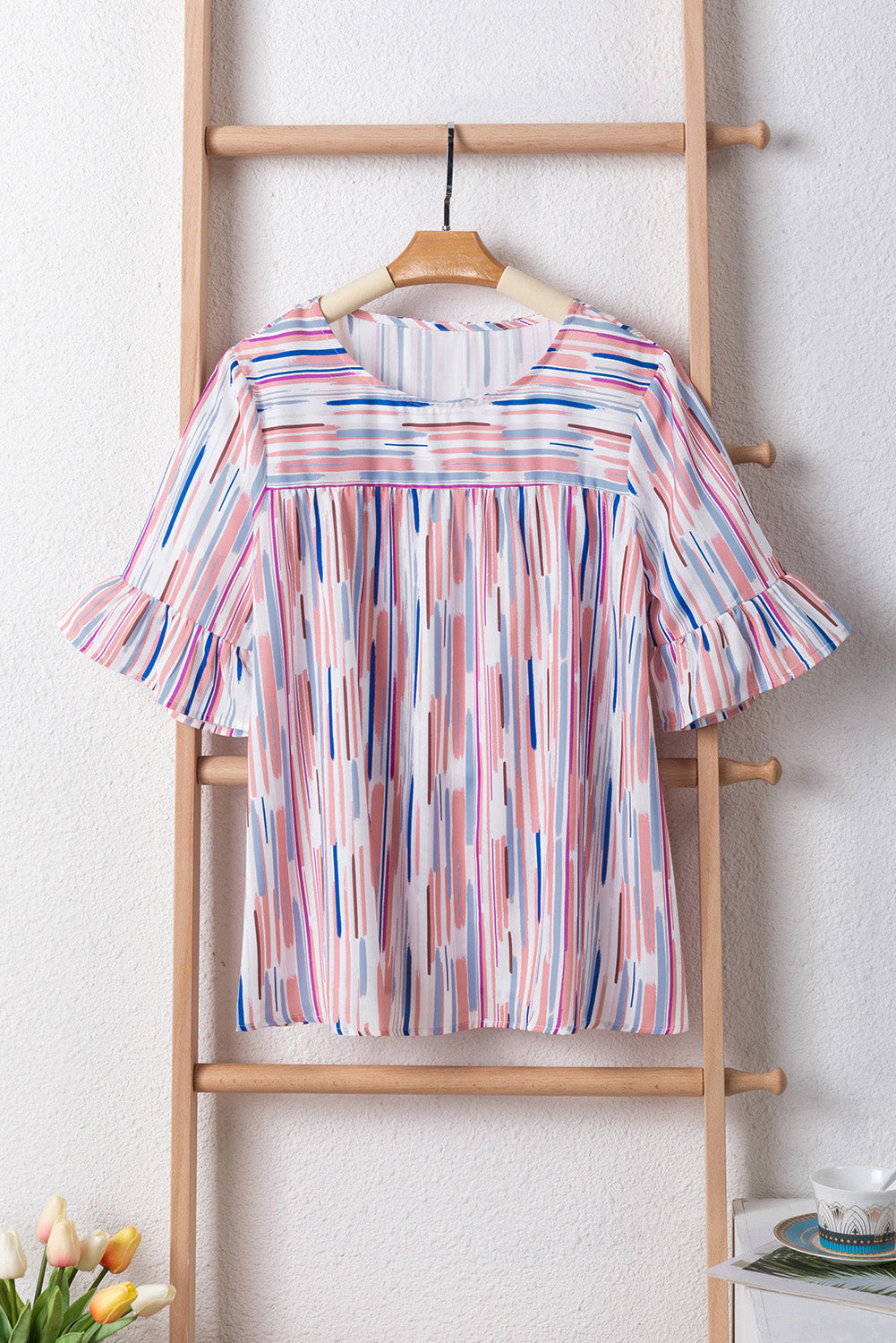 White Multicolor Striped Splash Half Sleeve Blouse