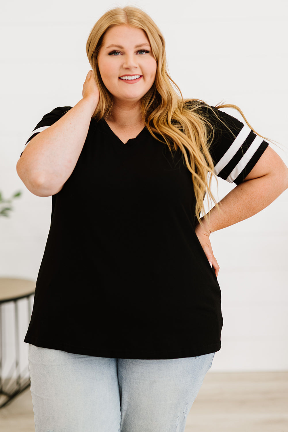 Black Plus Size Stripes Stitching Sleeve V Neck T-shirt