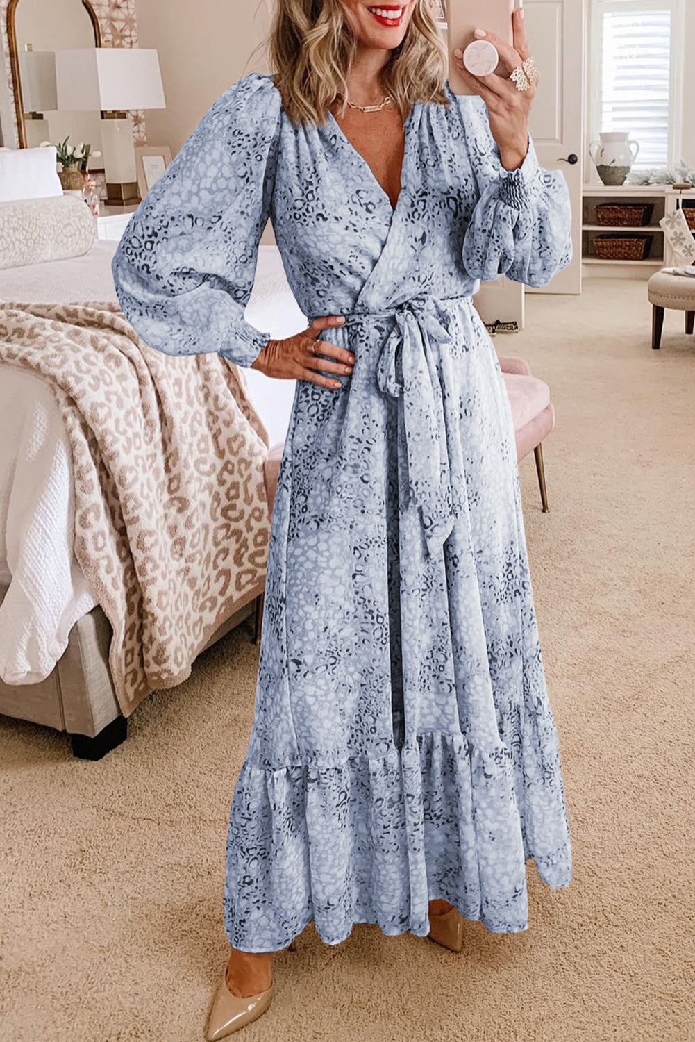 Sky Blue Printed Surplice Neck Bubble Sleeve Maxi Dress with Sash