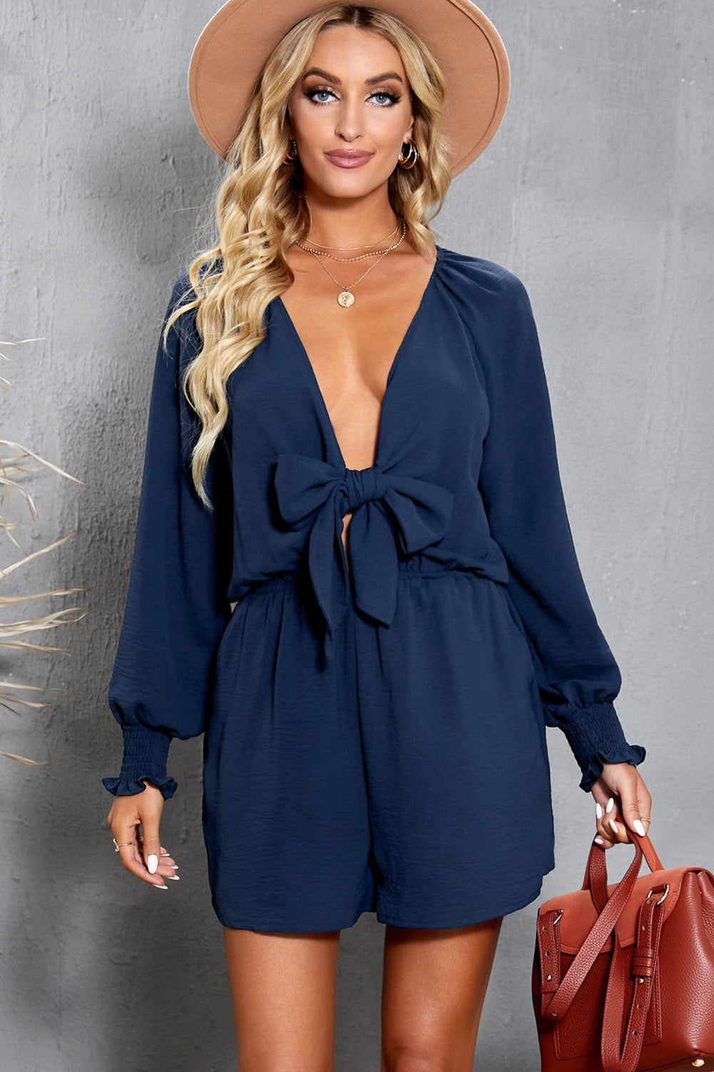 Black Tie Knot Puff Long Sleeve Romper