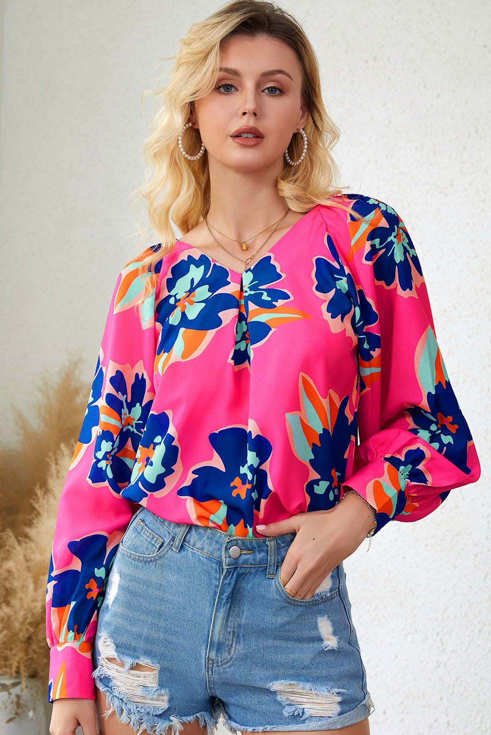 Black Flower Print Puff Sleeve Blouse