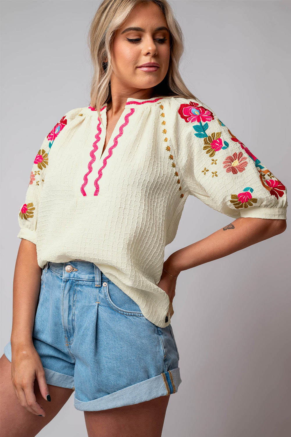 Beige Floral Embroidered Ricrac Puff Sleeve Textured Blouse