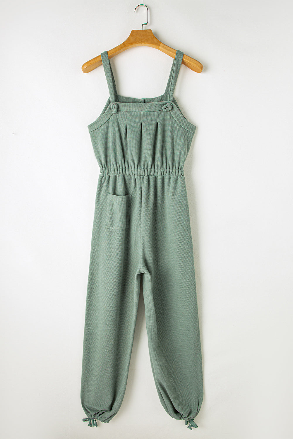 Black Knotted Straps Button Textured Drawstring Jumpsuit