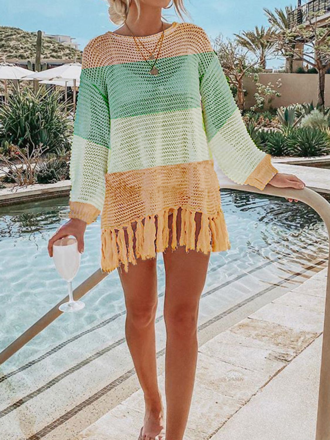 Openwork Tassel Hem Long Sleeve Knit Cover Up