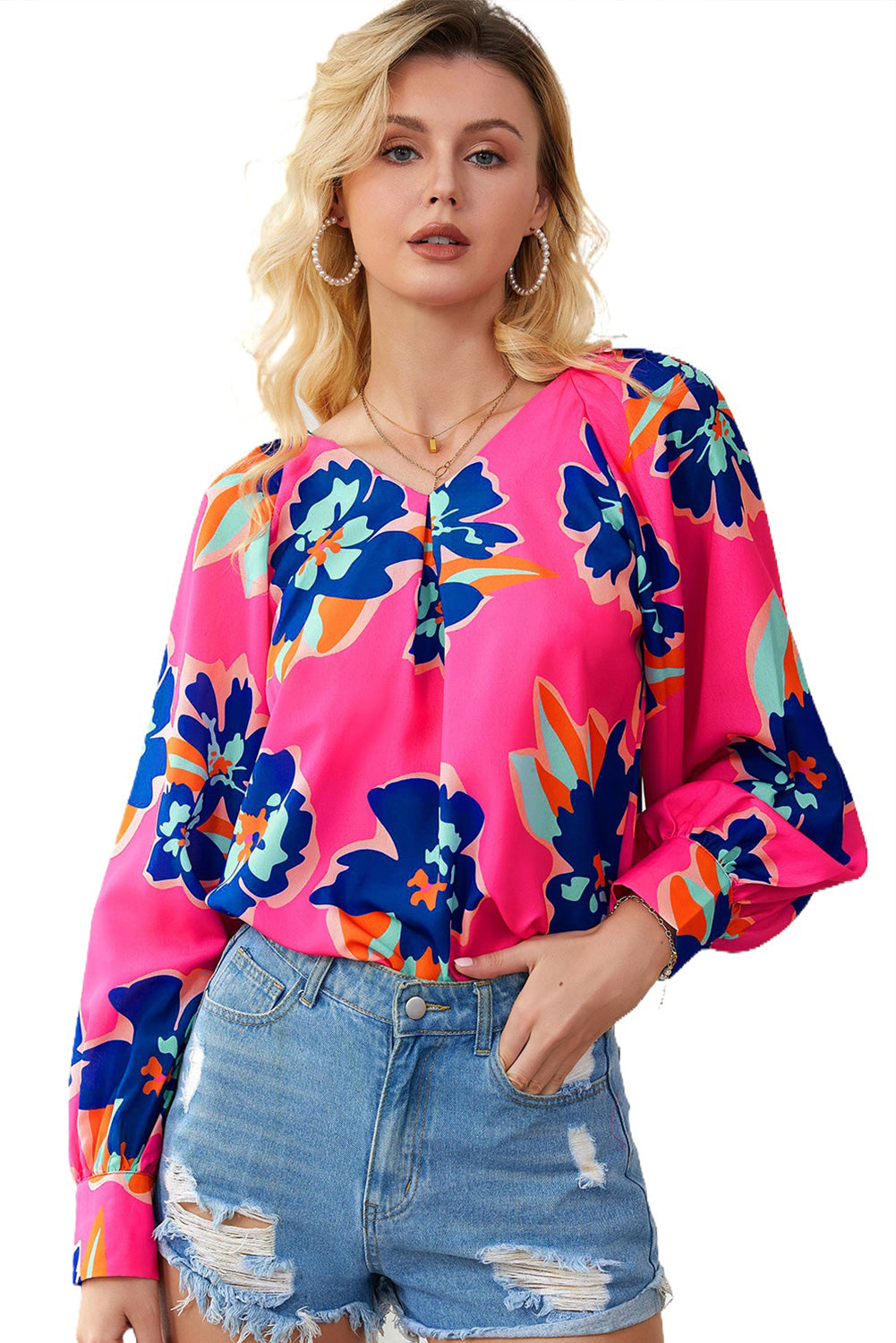 Black Flower Print Puff Sleeve Blouse