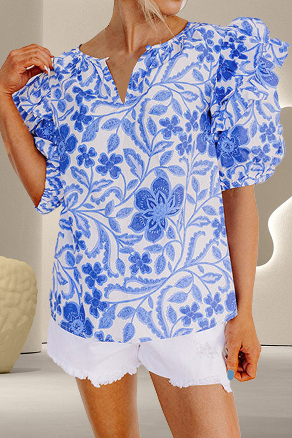 Printed Notched Half Sleeve Blouse