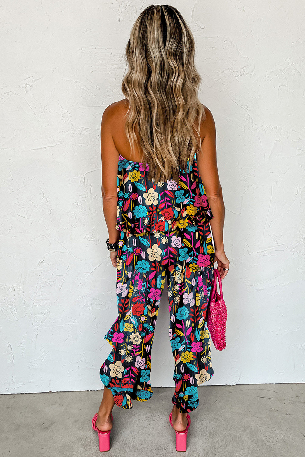 Blue Mix Tropical Print Strapless Ruffled Jumpsuit