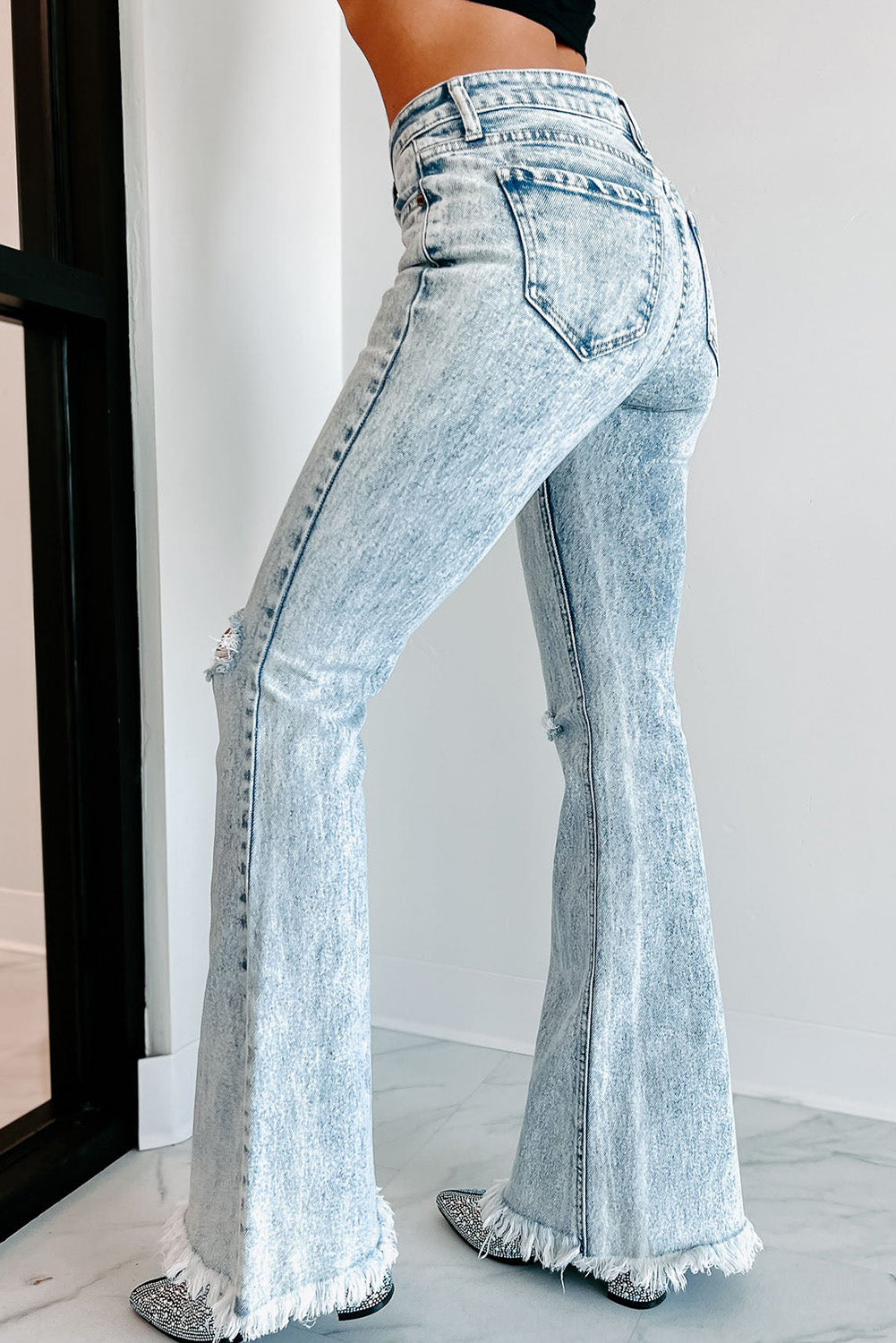 Sky Blue Distressed Acid Wash Flare Jeans