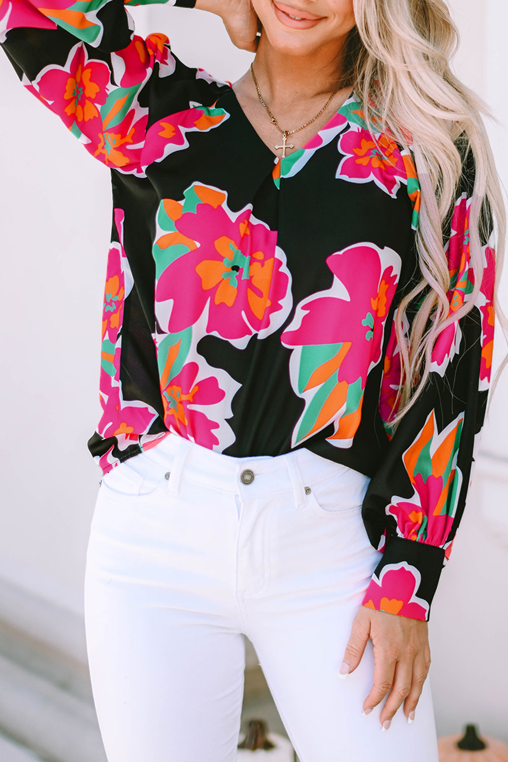 Black Flower Print Puff Sleeve Blouse