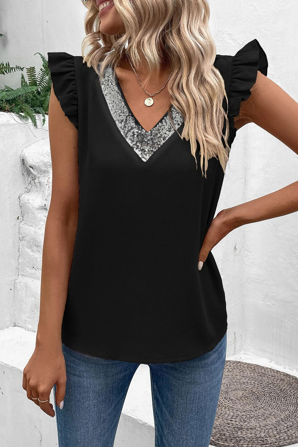 Black Contrast Sequin V Neck Flutter Sleeve Blouse