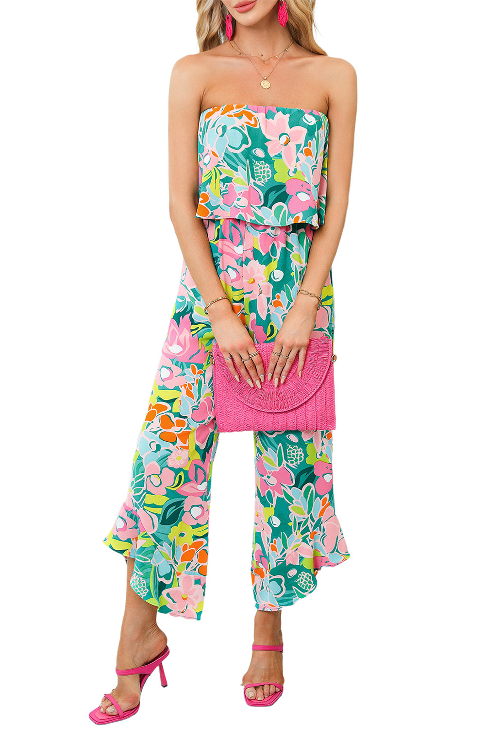 Blue Mix Tropical Print Strapless Ruffled Jumpsuit