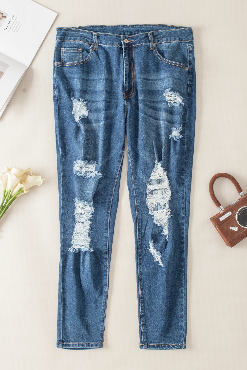 Blue Plus Size Distressed Ripped Skinny Jeans