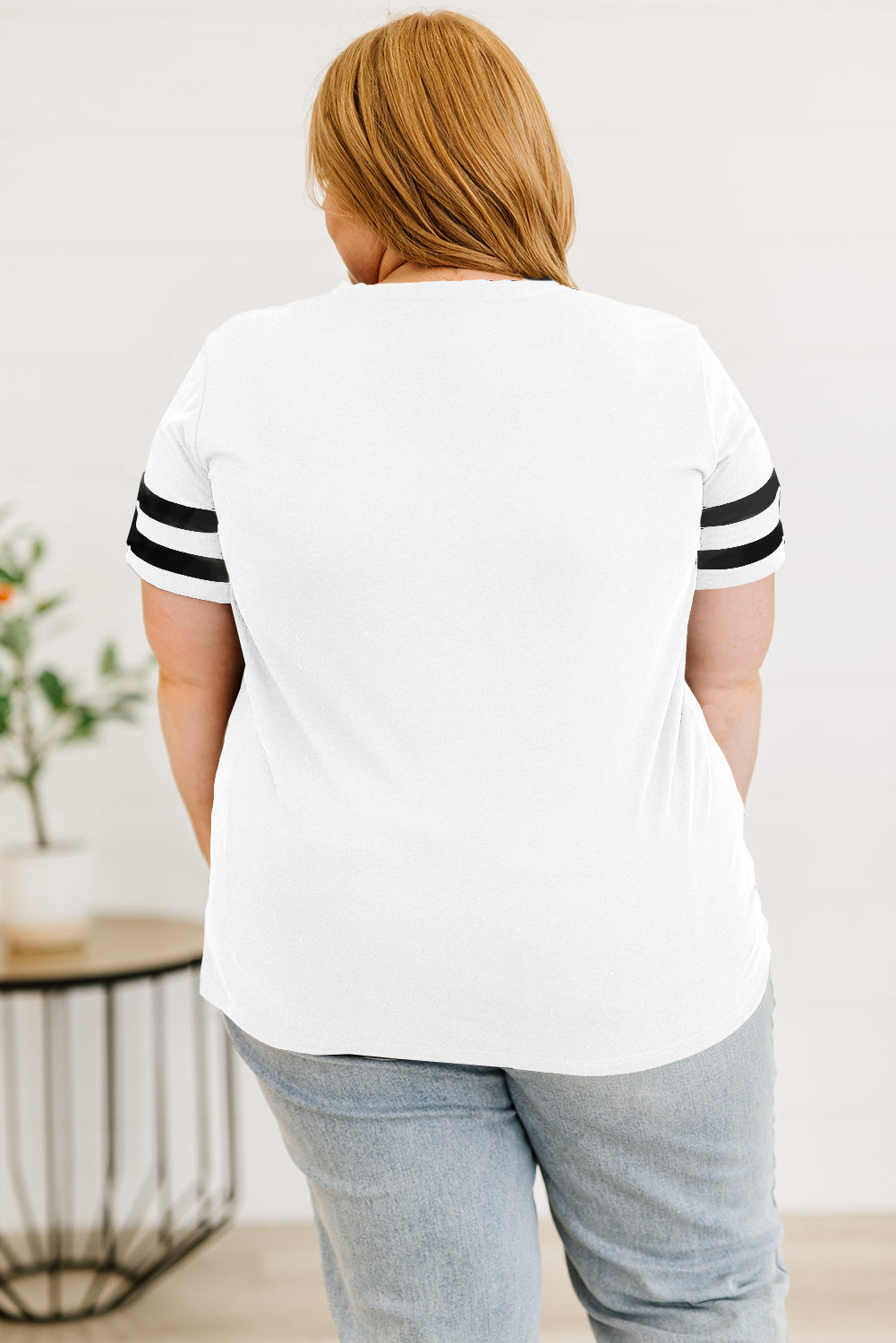 Black Plus Size Stripes Stitching Sleeve V Neck T-shirt