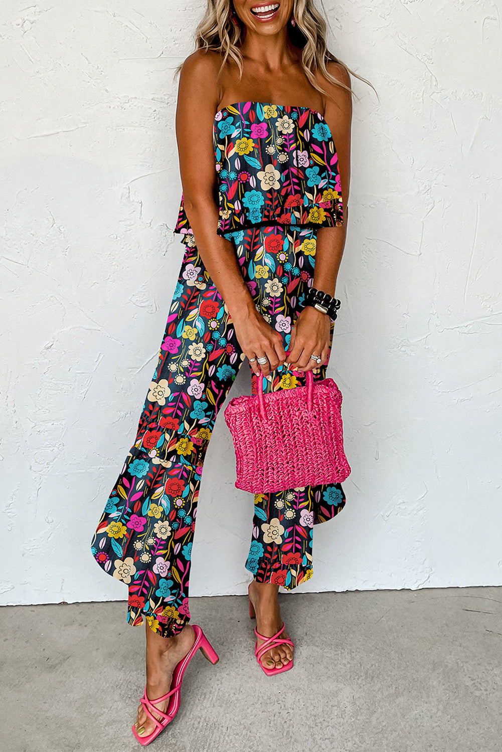 Blue Mix Tropical Print Strapless Ruffled Jumpsuit