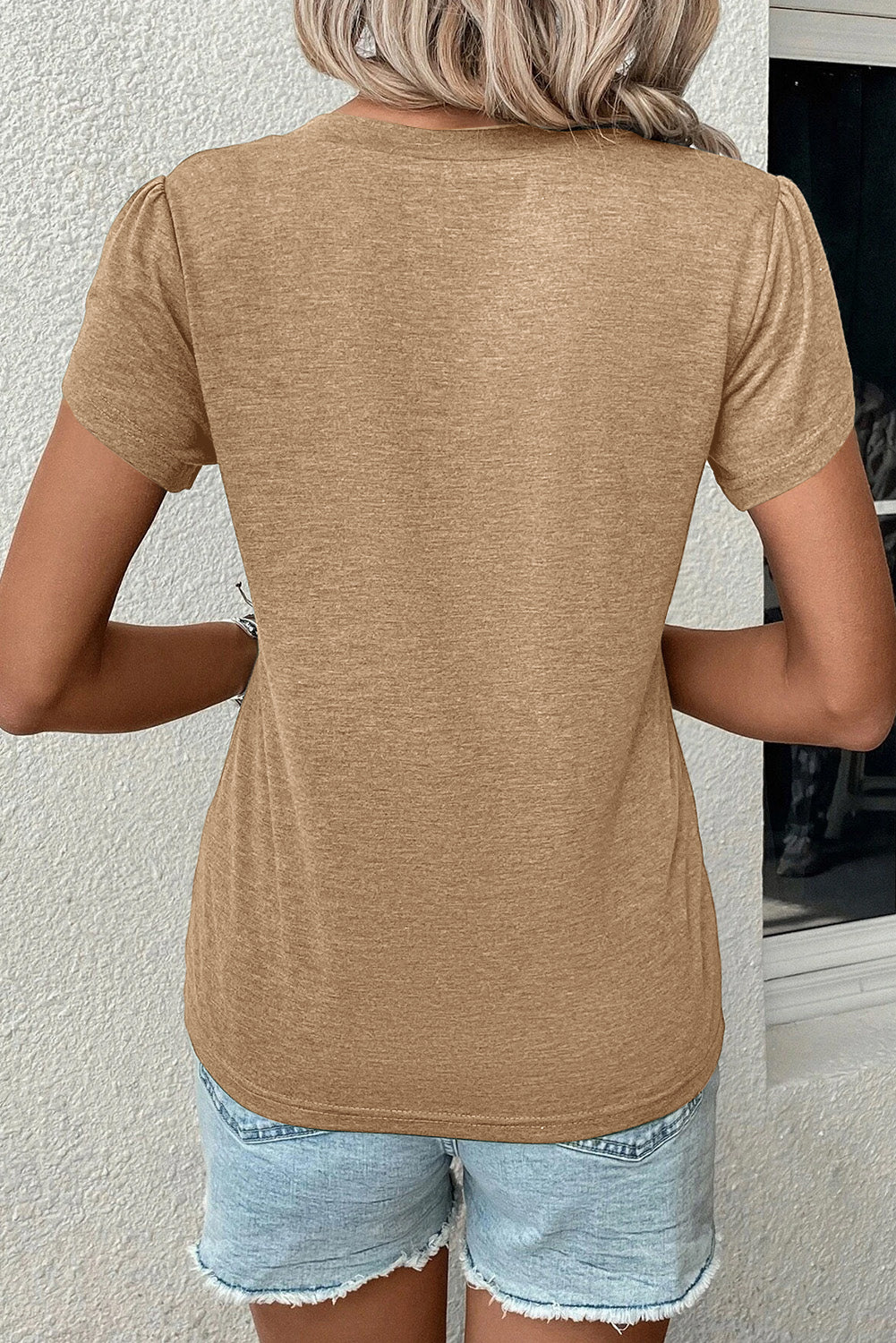 Rose Tan Fashion Petal Sleeve V Neck T Shirt