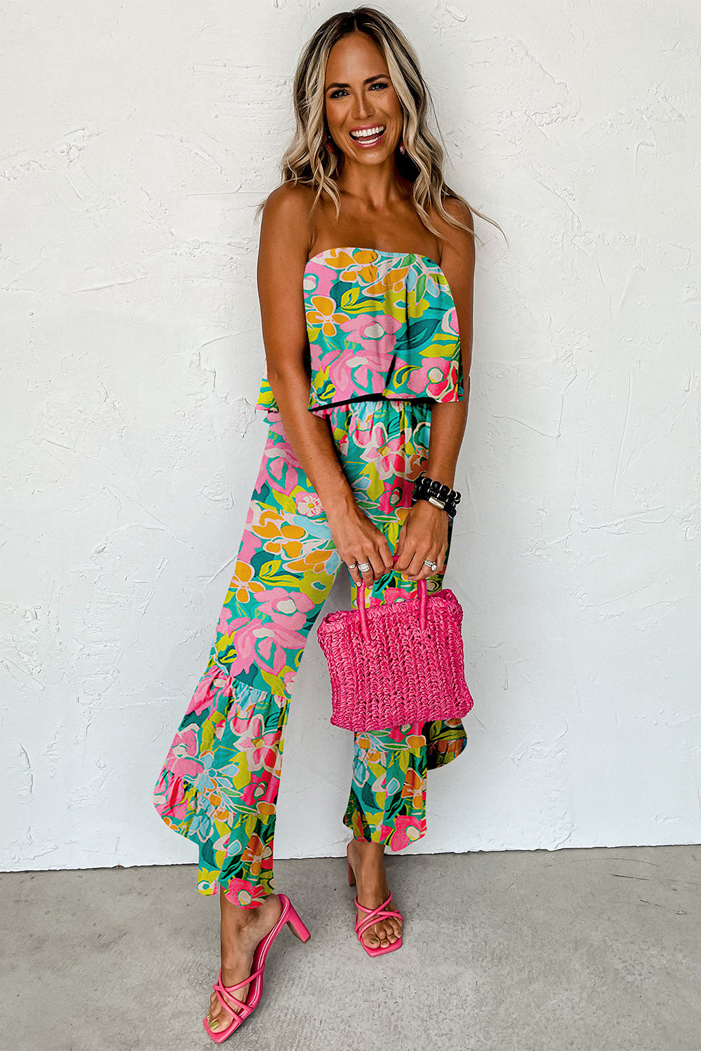 Blue Mix Tropical Print Strapless Ruffled Jumpsuit