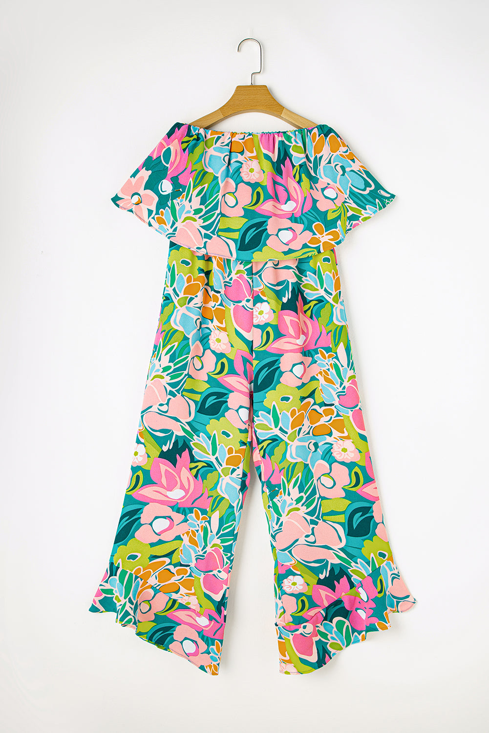 Blue Mix Tropical Print Strapless Ruffled Jumpsuit