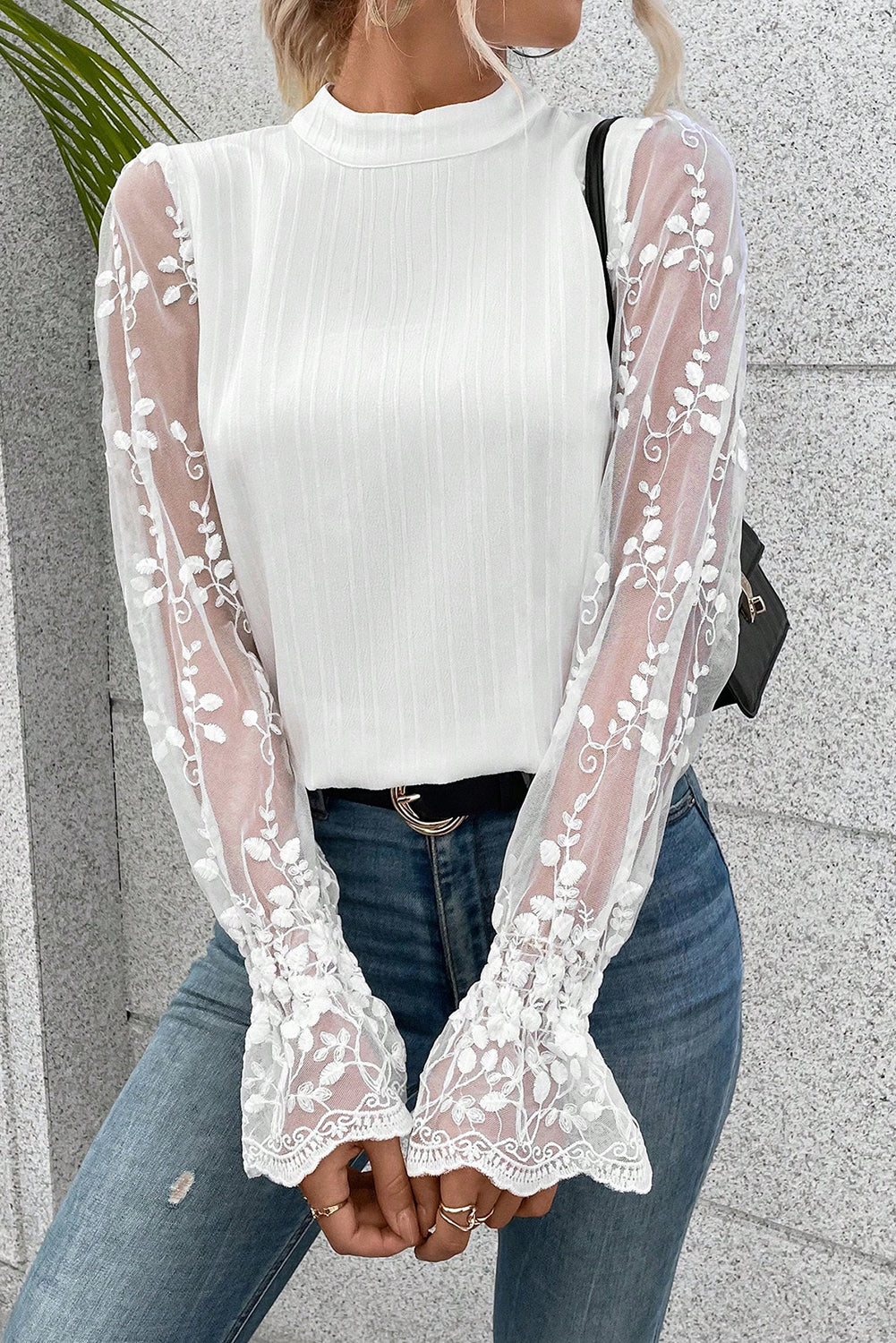 Apricot Pink Contrast Lace Sleeve Mock Neck Textured Blouse