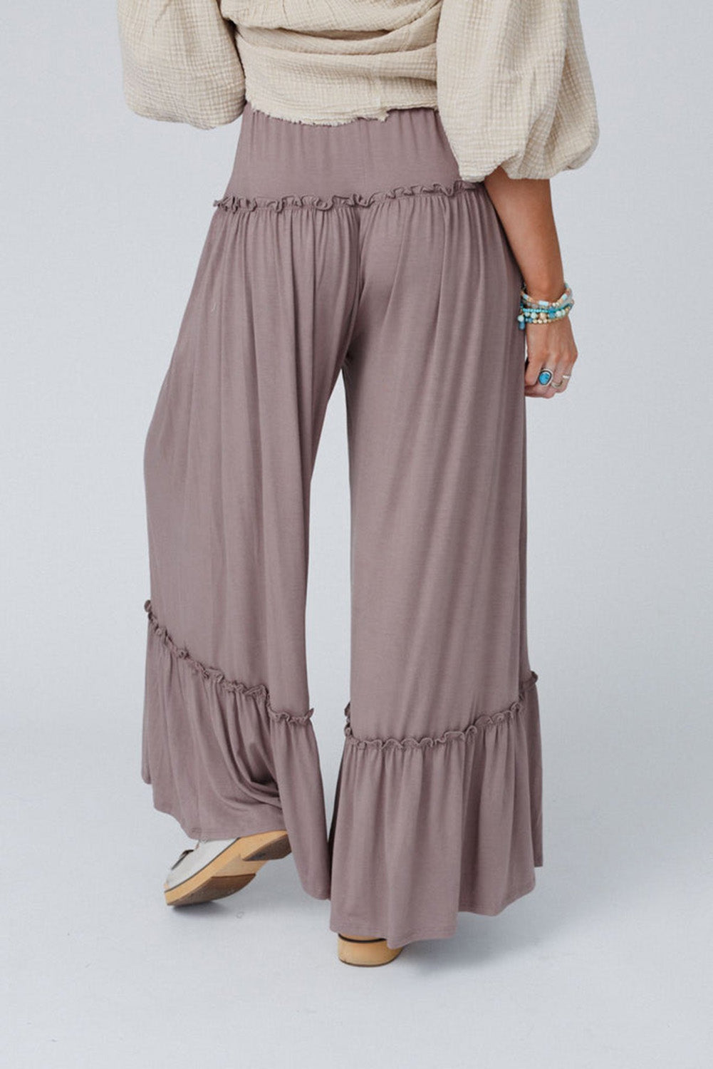 Black Frilled Drawstring High Waist Wide Leg Pants