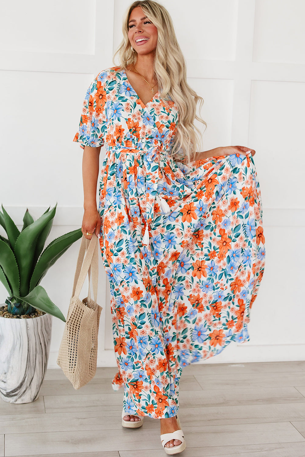 Sky Blue Floral Print Wrap Belted Maxi Dress