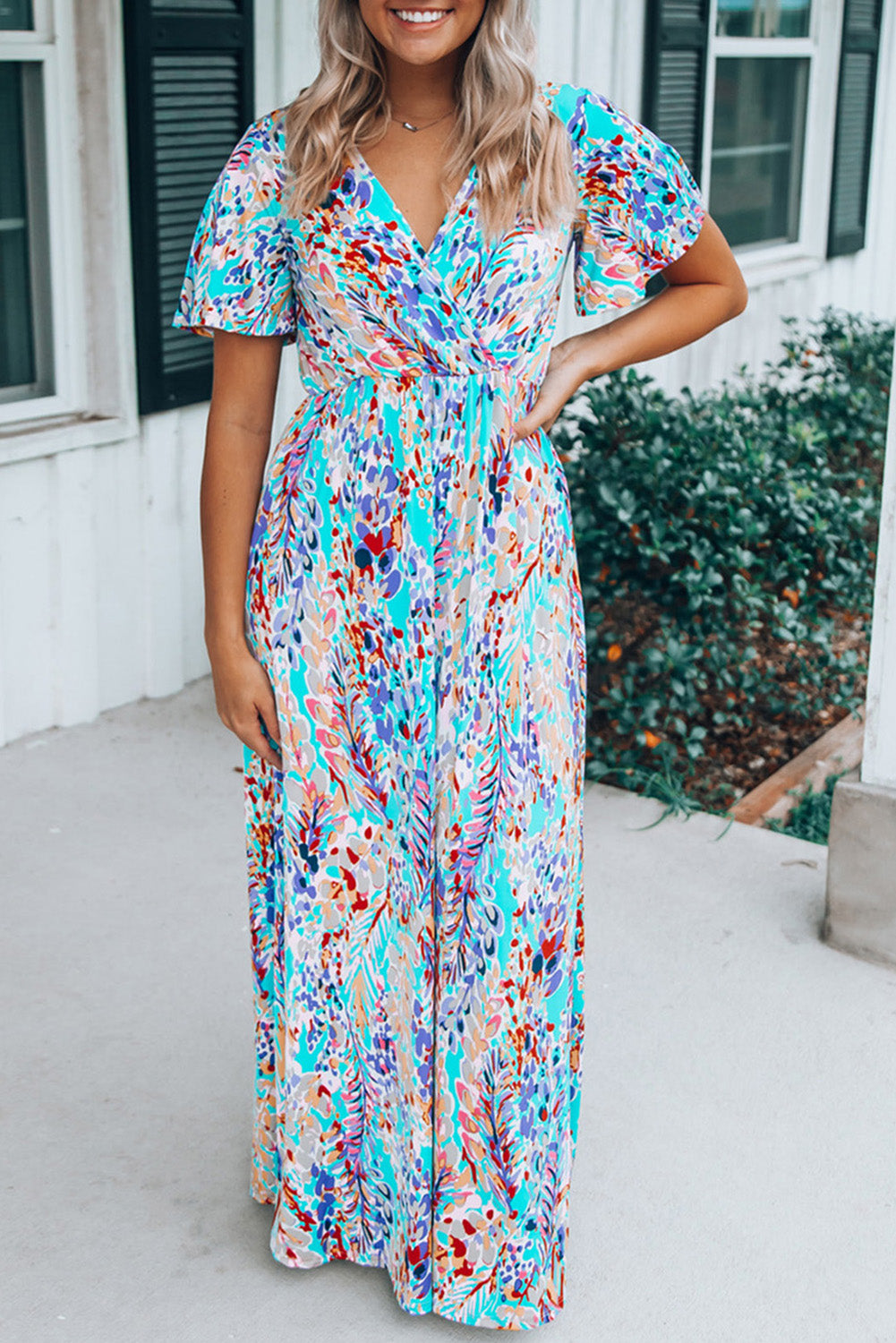 Rose Wrap V Neck Floral Maxi Dress