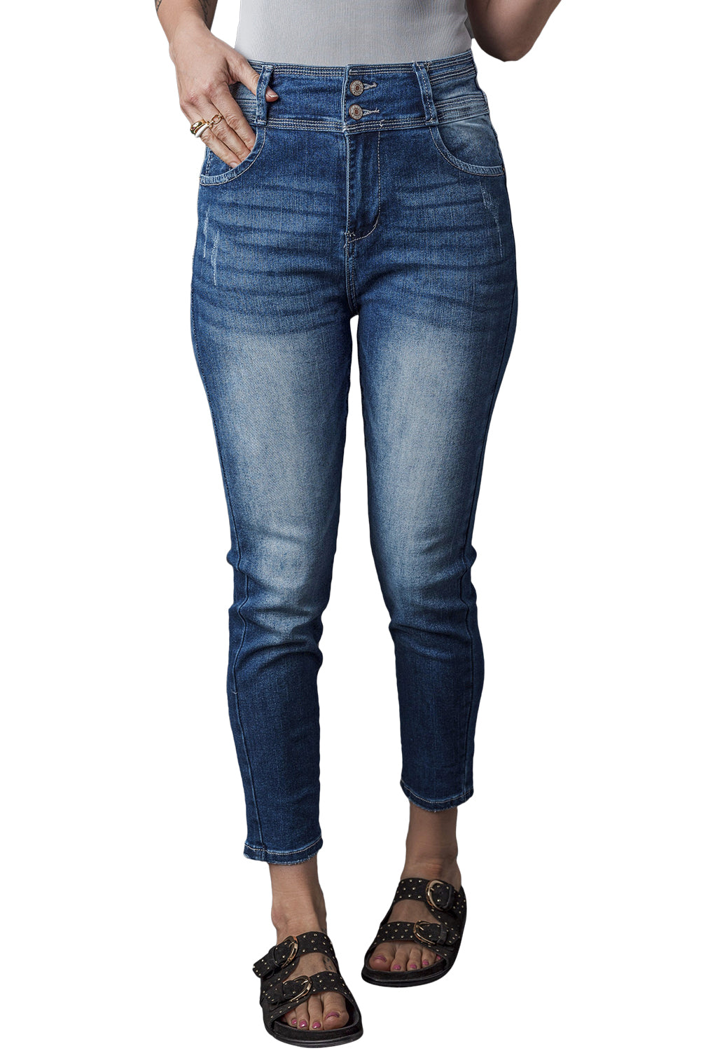 Blue Vintage Washed Two-button High Waist Skinny Jeans