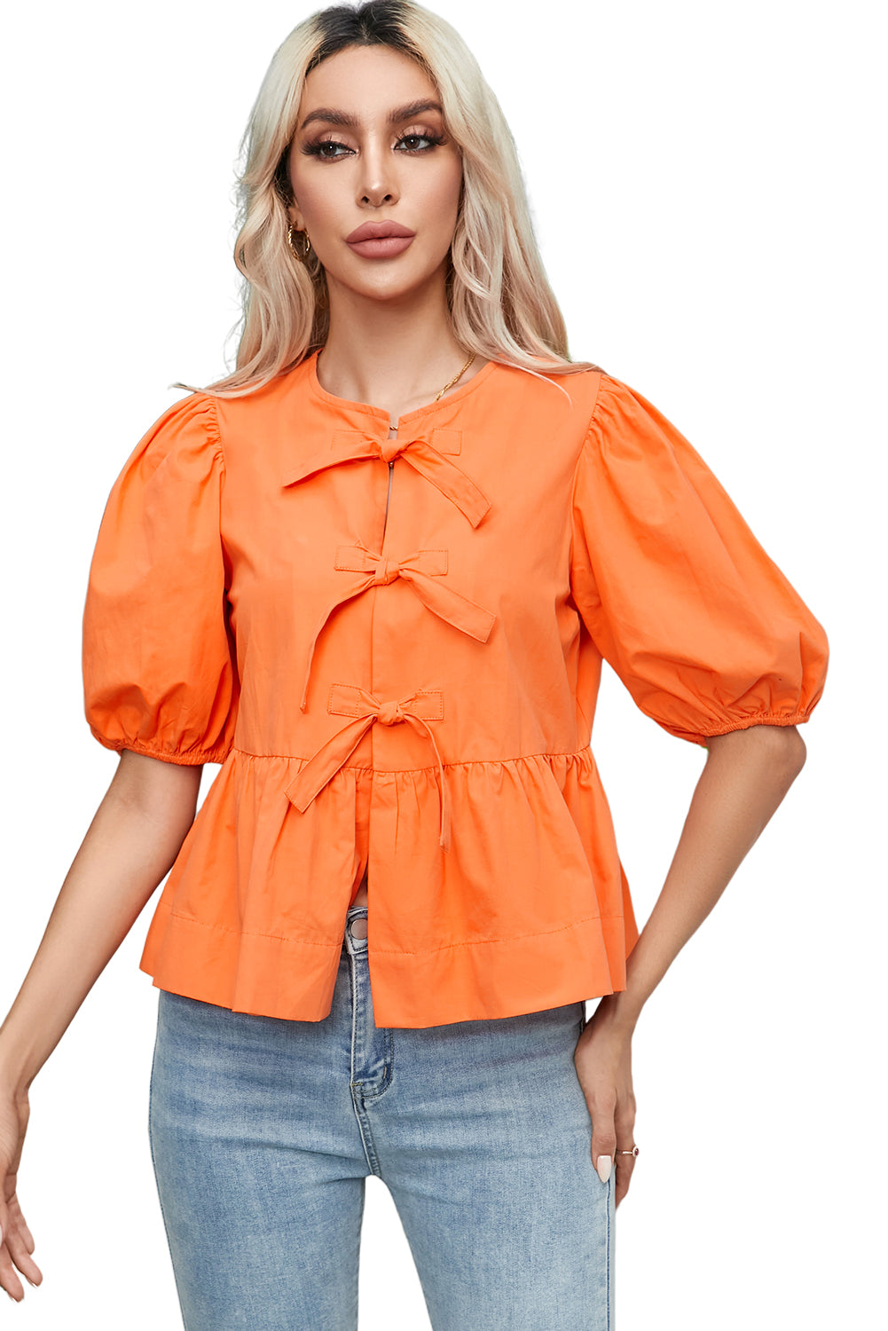 Grapefruit Orange Knotted Puff Short Sleeve Peplum Blouse