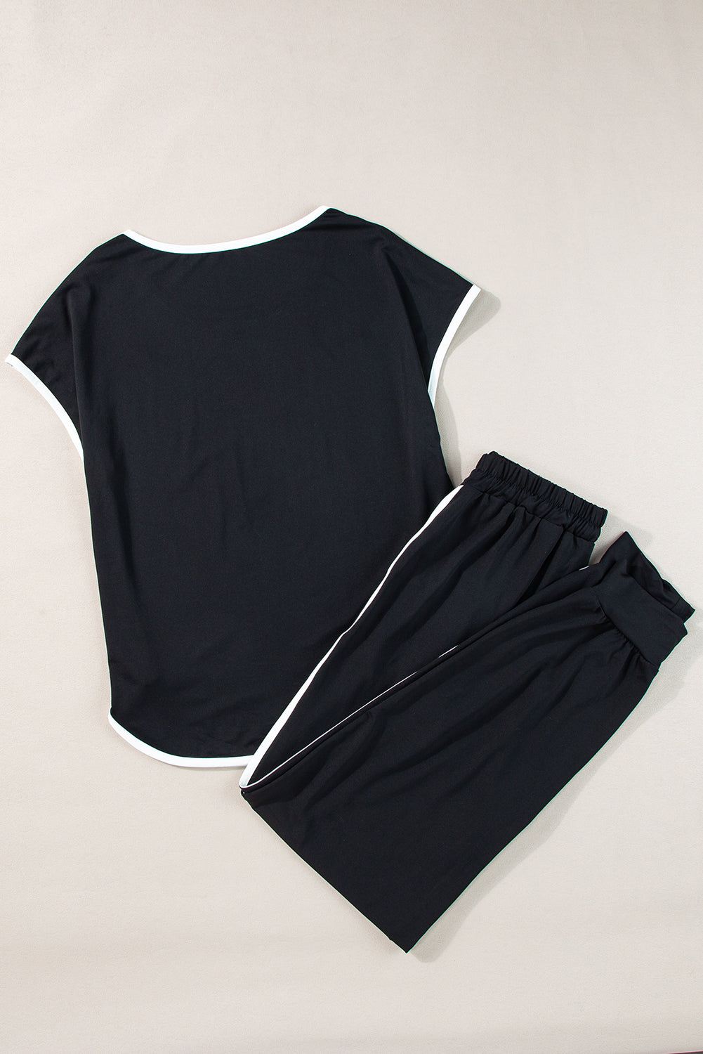 Black Colorblock Trim Casual Two Piece Lounge Set