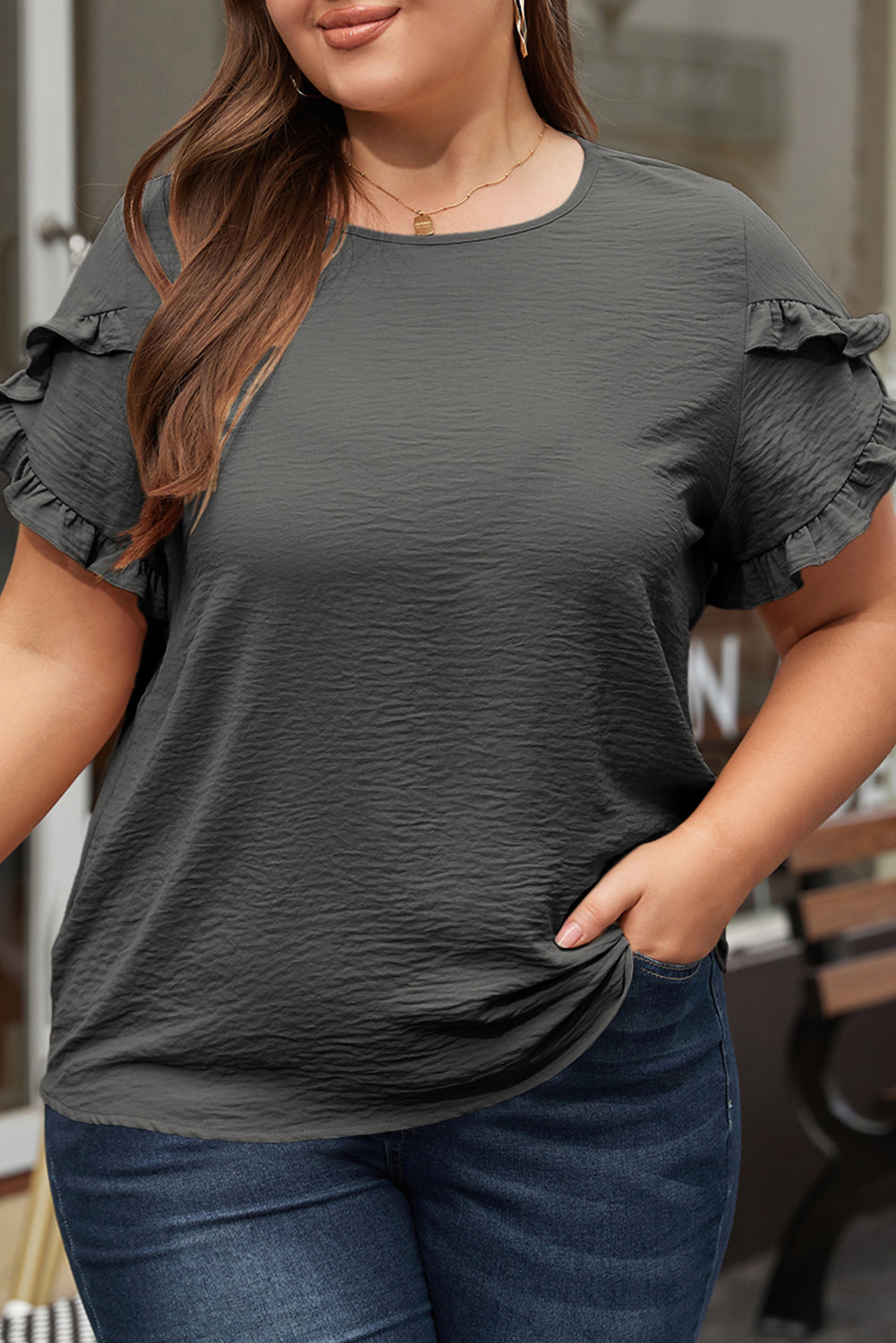 Black Ruffled Short Sleeve Plus Size Top