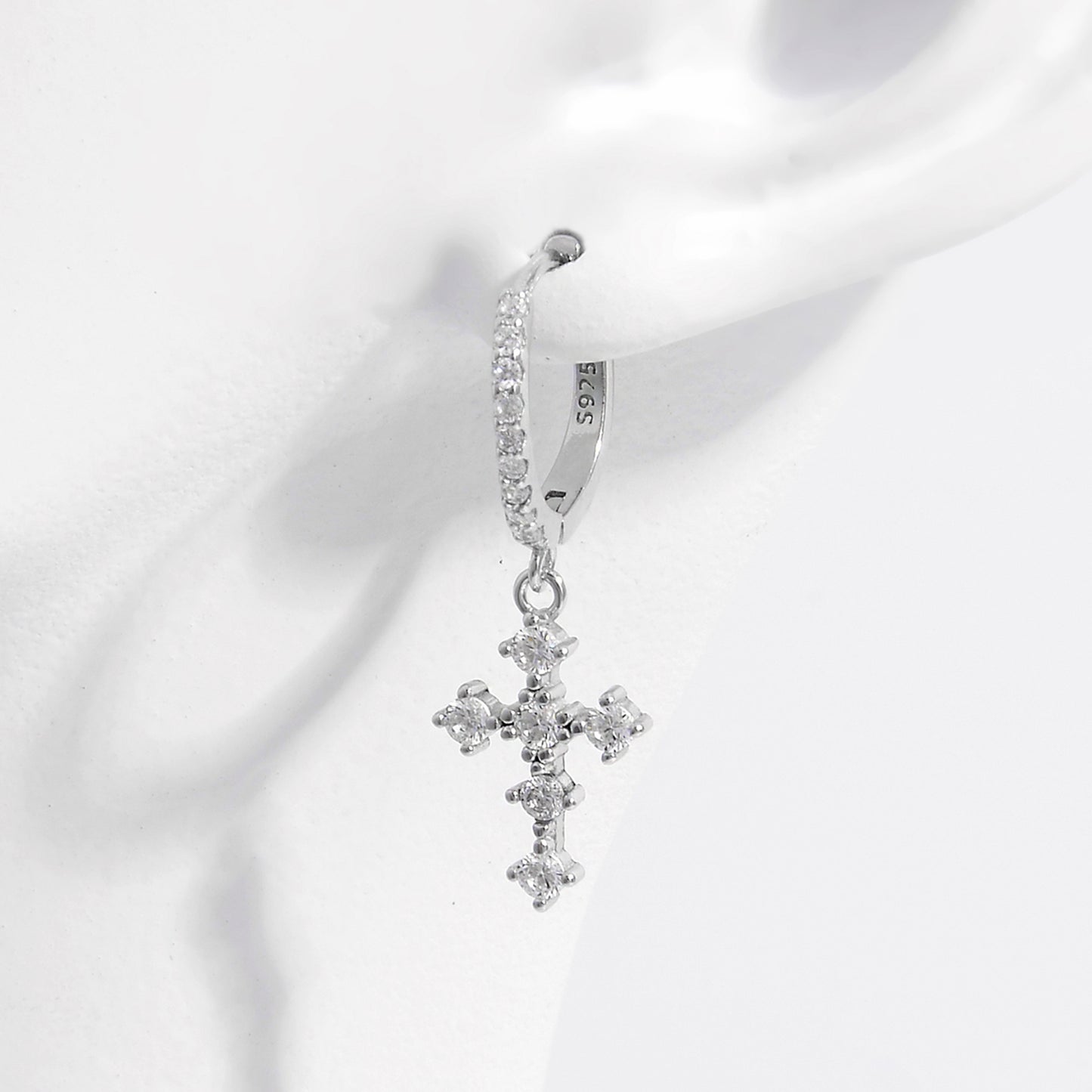 925 Sterling Silver Zircon Cross Dangle Earrings