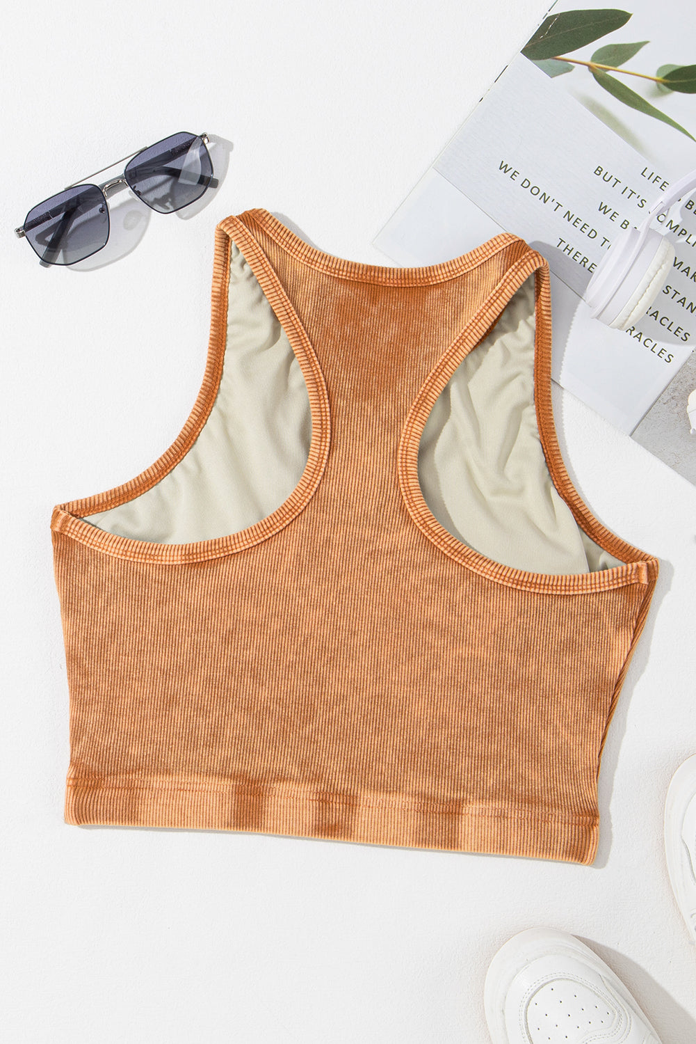 Light Grey Ribbed Mineral Wash Racerback Cropped Tank Top