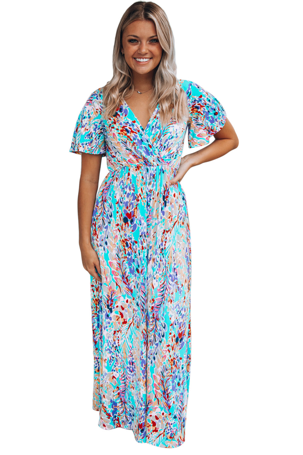 Rose Wrap V Neck Floral Maxi Dress