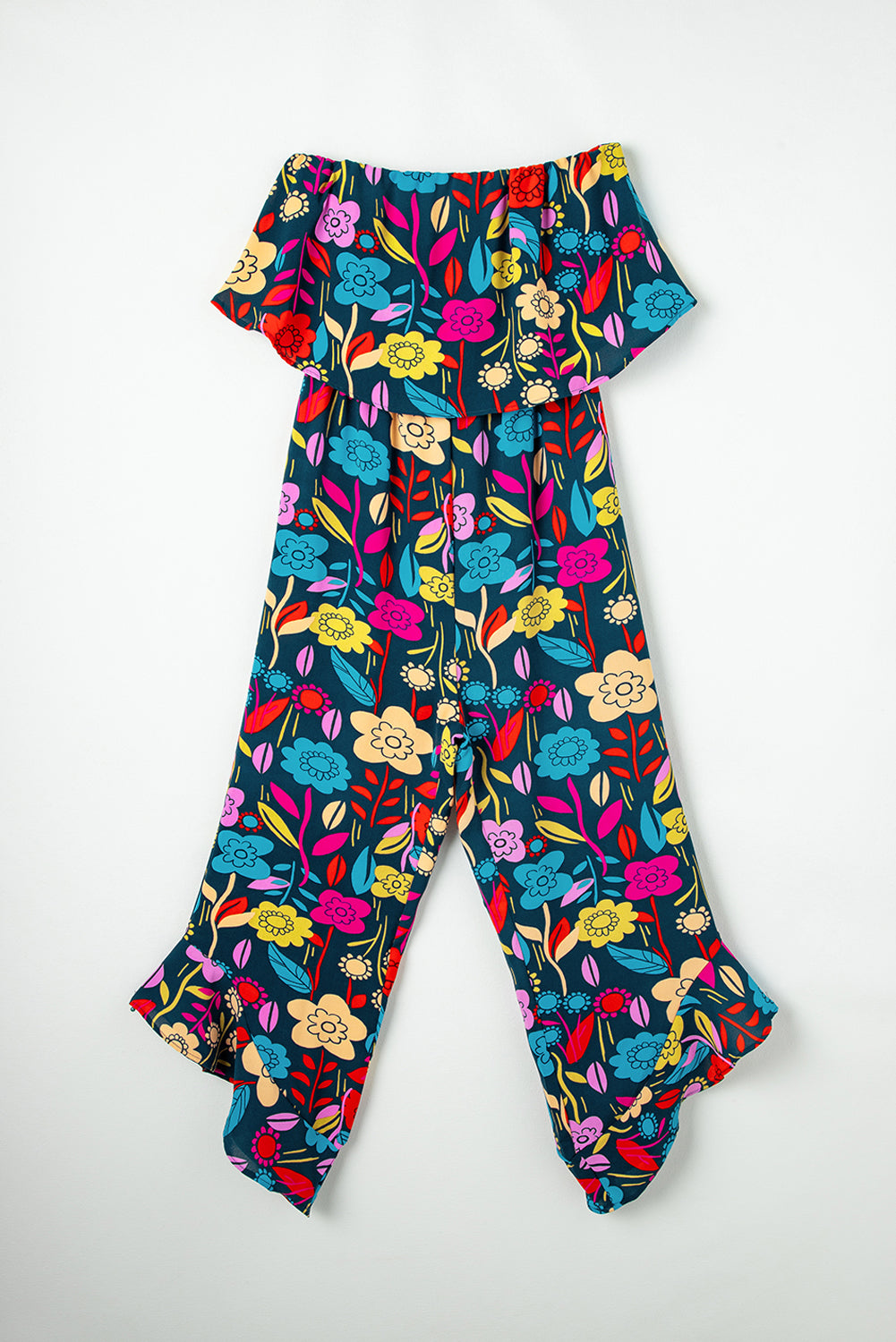 Blue Mix Tropical Print Strapless Ruffled Jumpsuit