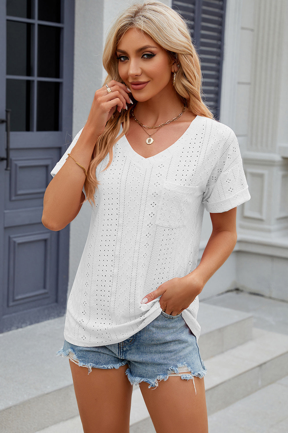 Eyelet V-Neck Short Sleeve T-Shirt