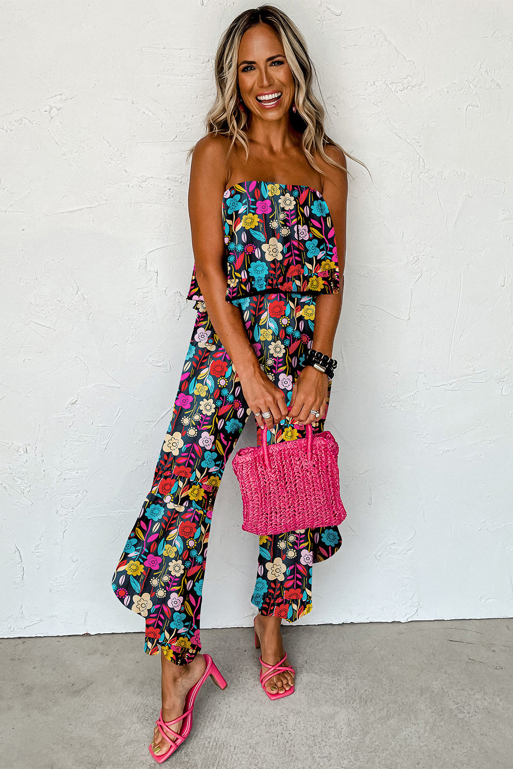 Blue Mix Tropical Print Strapless Ruffled Jumpsuit