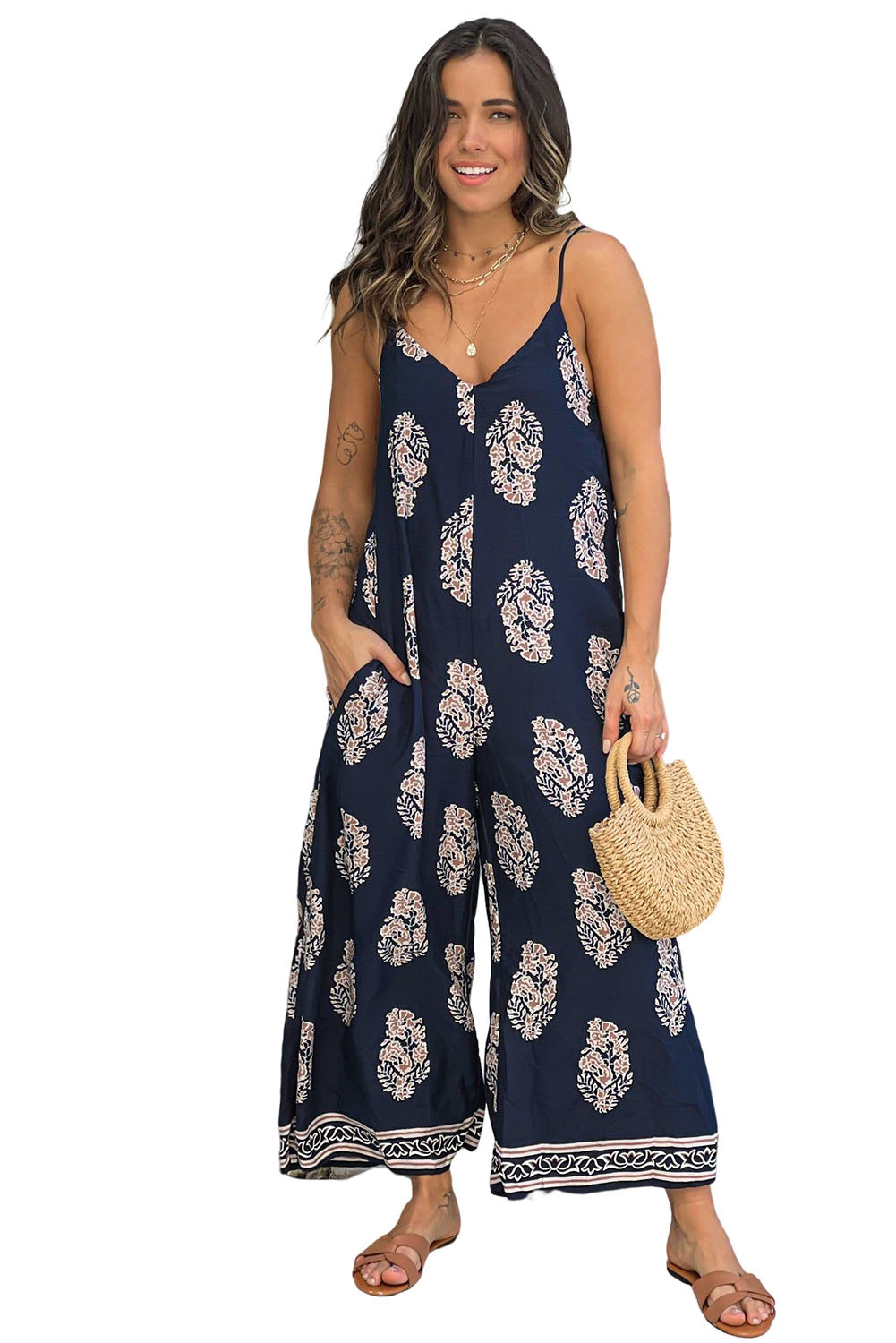 Blue Vintage Printed Spaghetti Strap Wide Leg Jumpsuit