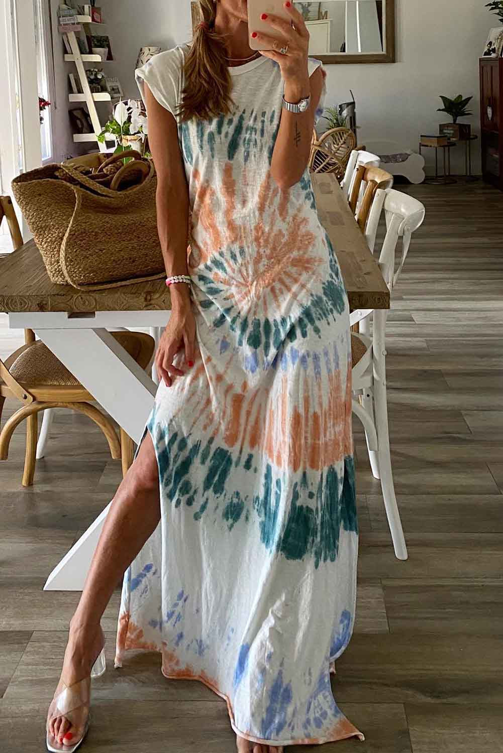 White Cap Sleeve Tie Dye Long Slit Dress